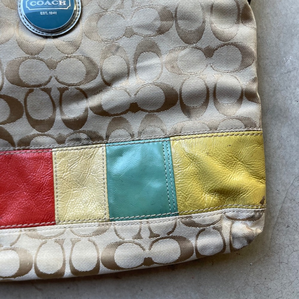 Coach Signature Monogram Multi-Color Patchwork Crossbody Bag 11176 Tan Silver - Picture 2 of 7